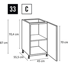Skiss av ett diskbänksskåp med måtten 87 x 45 x 55,5 cm.