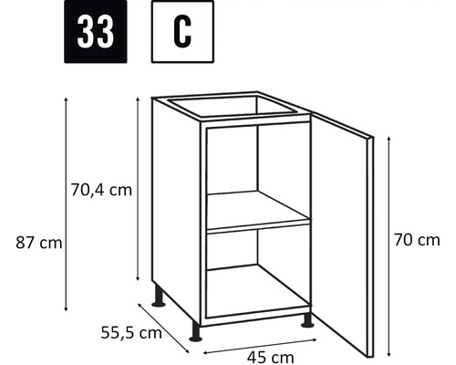 Skiss av ett diskbänksskåp med måtten 87 x 45 x 55,5 cm.
