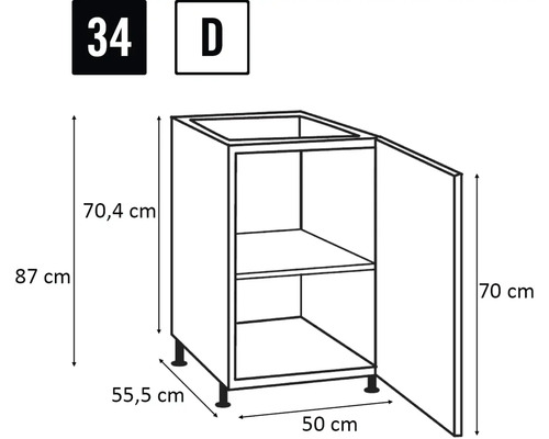 Illustration av ett köksskåp med måtten 87 cm höjd, 50 cm bredd och 55,5 cm djup