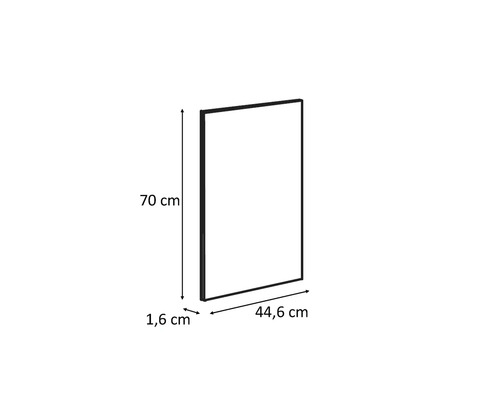 Rektangulär spegel med måtten 70 cm höjd, 44,6 cm bredd och 1,6 cm djup.