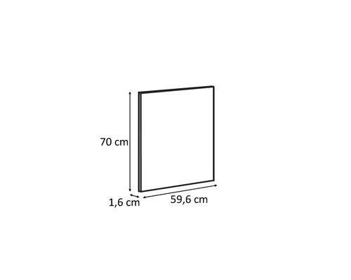 Ritning av ett skåpelement med måtten 70 cm höjd, 59,6 cm bredd och 1,6 cm djup