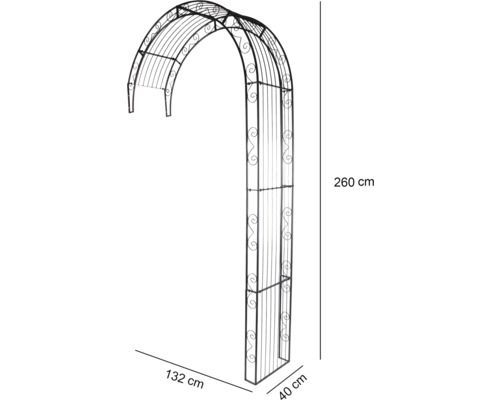 Trädgårdsbåge av metall med måtten 260 cm hög, 132 cm bred och 40 cm djup