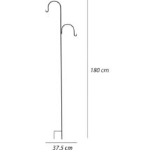 Metall växtställ med två krokar och mått: 180 cm hög, 37,5 cm bred.
