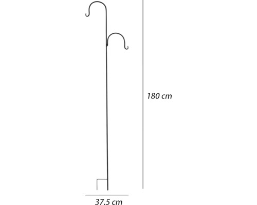 Metall växtställ med två krokar och mått: 180 cm hög, 37,5 cm bred.