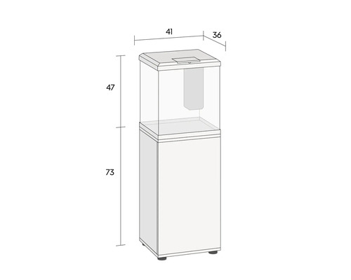 Ritning av ett akvarium med underskåp och måttangivelser