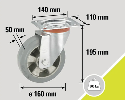 Svängbart hjul med måtten 140 mm gånger 110 mm, hjuldiameter 160 mm, hjulbredd 50 mm, höjd 195 mm, lastkapacitet 300 kg