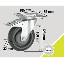 Svängbart hjul med lås och måtten 100 x 32 millimeter, lastkapacitet 150 kilogram