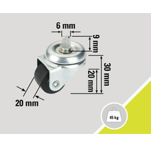 Möbelhjul med stift, dimensioner och lastkapacitet upp till 45 kg