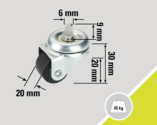 Möbelhjul med stift, dimensioner och lastkapacitet upp till 45 kg