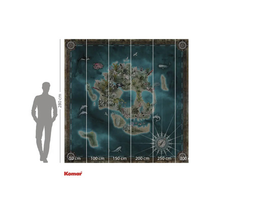Komar väggmålning med en ö karta med djur och växter, storlek 300 x 280 centimeter