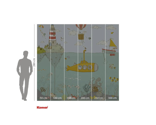 Komar fototapet med undervattensvärld, fyr, ubåt, luftballong och segelbåt