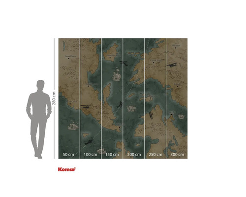 Komar väggmålning med världskartmotiv och storleksangivelser.