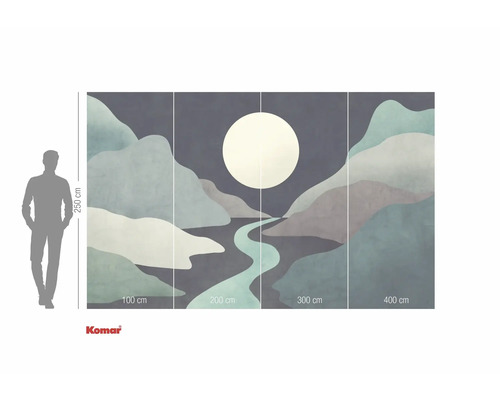 Fototapet med abstrakt bergmotiv och måne, mått med storleksangivelse