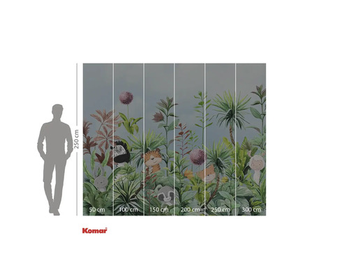 Komar fototapet med djungelmotiv, storleksangivelser och en silhuett