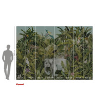 Fototapet med djungelmotiv, inklusive elefant, leopard och olika fågelarter