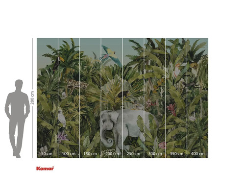 Fototapet med djungelmotiv, inklusive elefant, leopard och olika fågelarter