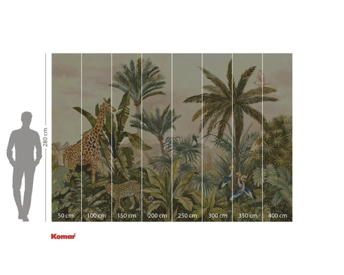 Komar fototapet med djungelmotiv, inklusive giraff, leopard, palmer och tropiska fåglar