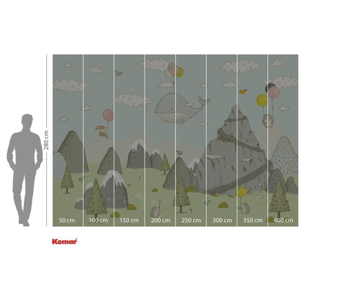 Illustration av en tapet med berg, djur och ballonger, mått 280 x 400 centimeter