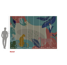 Komar fototapet med djungelmotiv, med tukan, kakadua och leoparder, mått 280 x 400 cm