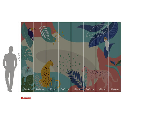 Komar fototapet med djungelmotiv, med tukan, kakadua och leoparder, mått 280 x 400 cm