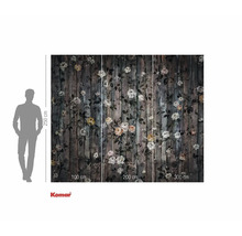 Fototapet med blommönster på träplankslook och måttangivelser