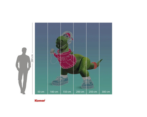 Fototapet med en grön dinosaurie med hörlurar, luvtröja och gymnastikskor mot en färgad bakgrund