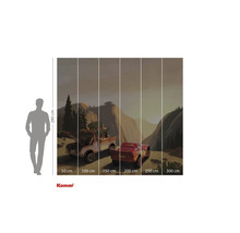 Fototapet med Cars-motiv, bestående av flera våder med storleksangivelser och en siluett som storleksjämförelse.