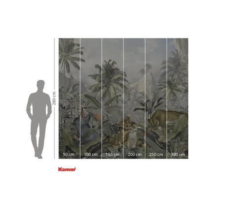 Komar väggmålning med djungelmotiv, palmer och lejonfamilj, 280x300 cm