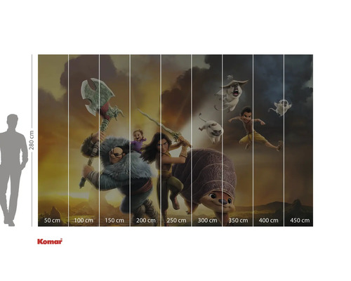 Väggbild med figurer från filmen Raya och den sista draken med storleksangivelser