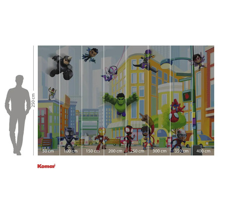 Fototapet med Marvel superhjältar i seriestil framför en stadsbild