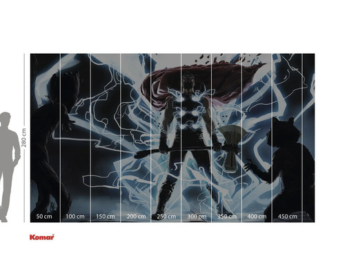 Thor väggmålning med Groot och Rocket i serietidningsstil