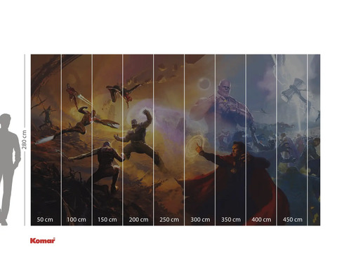 Avengers-väggbild med olika serietidningsfigurer och storleksangivelser.