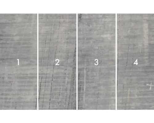 Närbild av fyra betongplattor med olika ytstrukturer