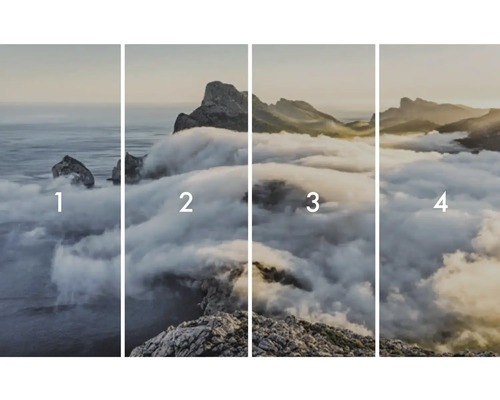 Fyrdelad väggmålning med bergslandskap i dimma