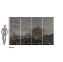 Fototapet med landskapsmotiv och träd, bestående av åtta banor med storleksangivelser och Komar-logotyp