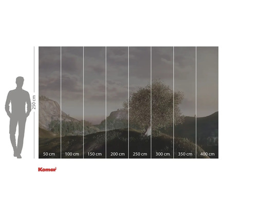 Fototapet med landskapsmotiv och träd, bestående av åtta banor med storleksangivelser och Komar-logotyp