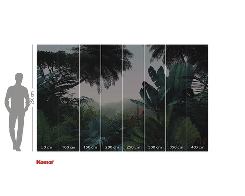 Komar fototapet med tropiskt skogsmotiv och storleksangivelser.