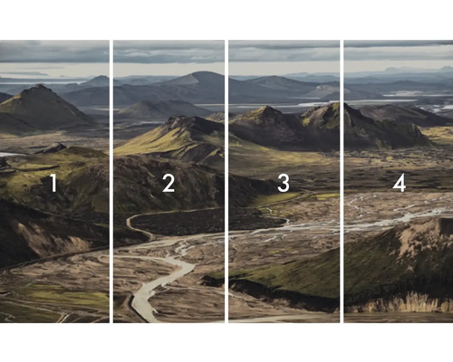 Fyrdelad fototapet med bergslandskap