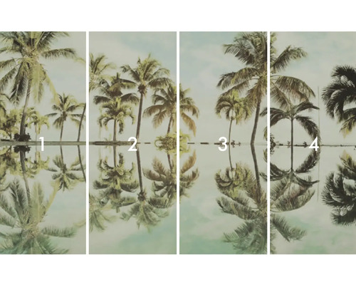 Fyrdelad fototapet med palmmotiv och spegling i vattnet.