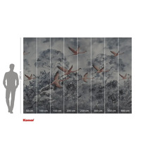 Fototapet med ett motiv av flygande flamingos framför träd