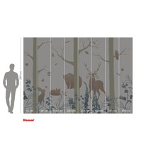 Fototapet med skogsmotiv, inklusive träd, björn, hjort, hare, räv och uggla, format cirka 280 x 400 cm