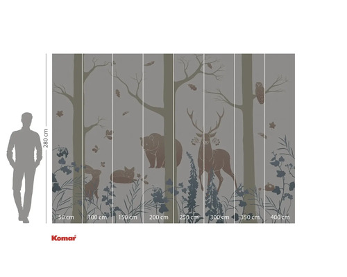 Fototapet med skogsmotiv, inklusive träd, björn, hjort, hare, räv och uggla, format cirka 280 x 400 cm