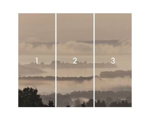 Non-woven tapet med dimmigt landskapsmotiv, bestående av tre delar