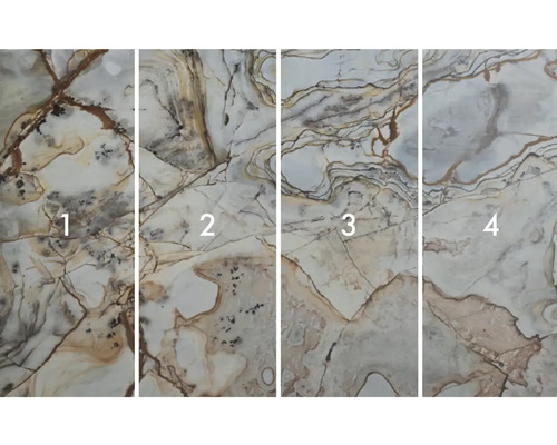Fyra olika mönster av kakel med marmorlook.