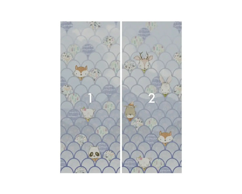 Tvådelad väggmålning med djurmotiv och fiskfjällsmönster