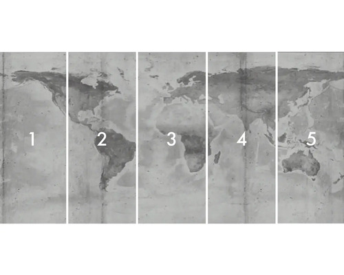 Väggbild med världskarta, bestående av fem delar