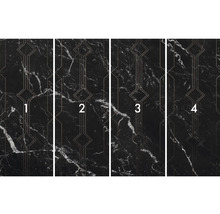 Non-woven tapet med marmorstruktur och geometriska mönster, fyra rader bredvid varandra.