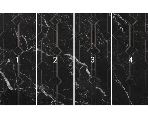 Non-woven tapet med marmorstruktur och geometriska mönster, fyra rader bredvid varandra.