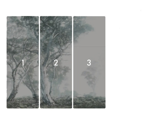 Tredelad väggmålning med träd i dimma