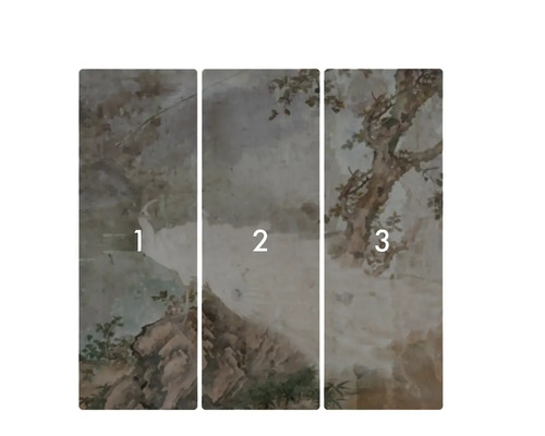 Tredelad väggmålning med en landskapsscen.